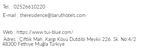 The Residence At Tui Blue Sensatori Barut Fethiye telefon numaralar, faks, e-mail, posta adresi ve iletiim bilgileri